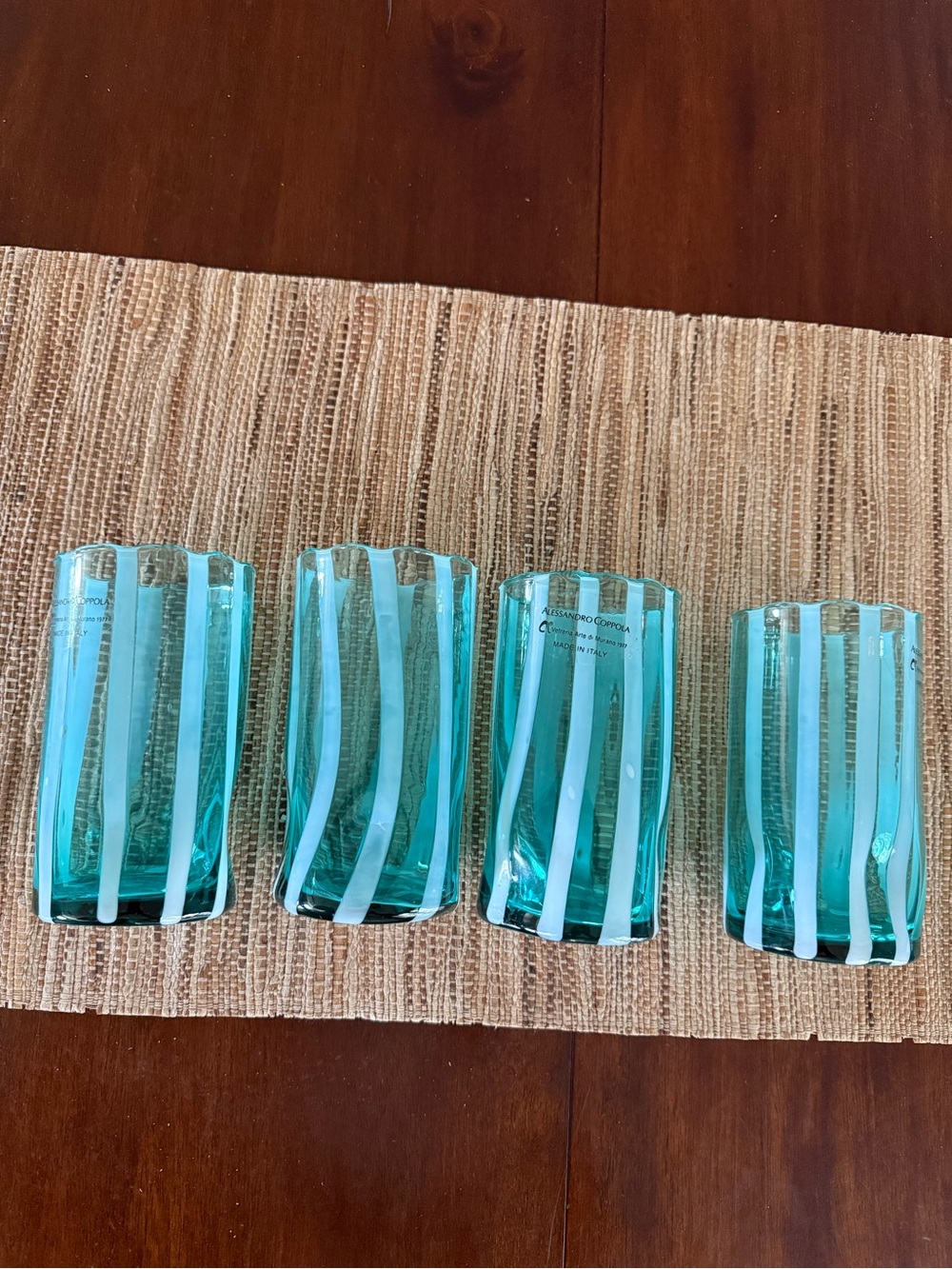 New Set of 4 Alessandro Coppola Aqua green Striped Glasses.  Murano